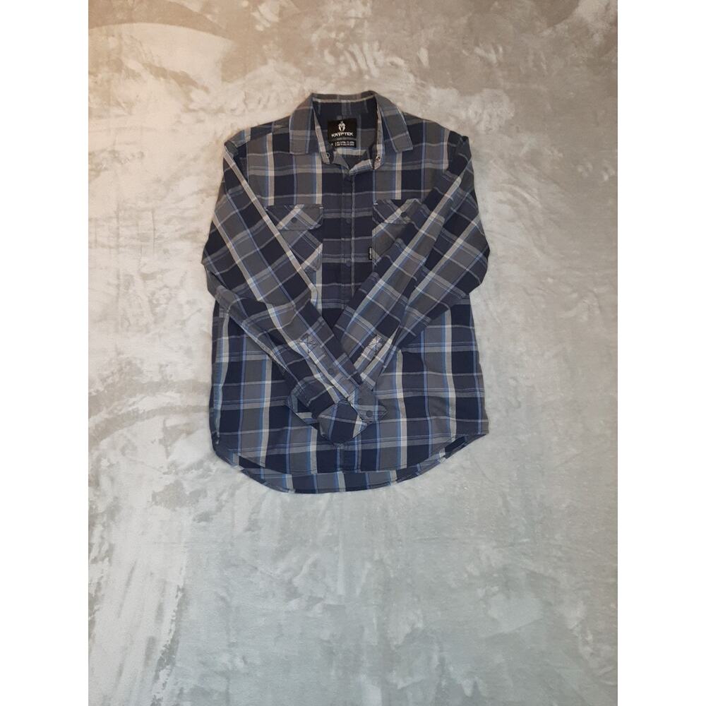 Kryptek Flannel Shirt Mens Medium Blue Gray Striped Snap Button Up Long Sleeve
